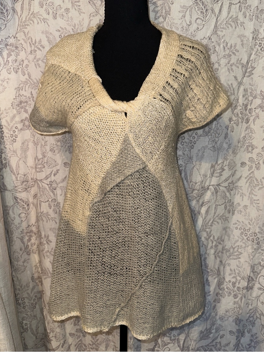 Anthropologie Far Away From Close Cream Knit Short-Sleeve Draped Front Tunic
